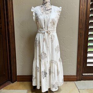 CAbi Cream and Gray Floral Maxi Dress